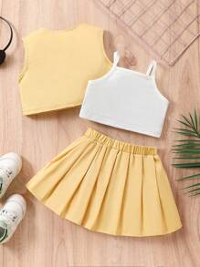 3pcs/Set Baby Girl Racing Car Themed Printed Cami Top, Zipper Vest And Pleated Skirt Cute Streetwear Y2k Daily Outfits, Spring/Summer - Multicolor - View 2