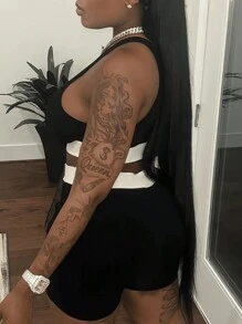 INAWLY Kích thước lớn Sành điệu Mùa hè Khối màu Top Cây trồng Và Quần short - Đen và trắng - Xem 2