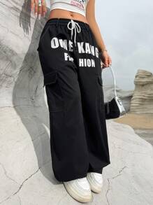SHEIN Unity 帶字印花休閒束腰直腳褲 - 黑色 - 查看 3