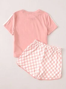 SHEIN Leap Crew Conjunto de niñas camiseta de lado de rayas con shorts de cuadros - Rosa - Ver 2