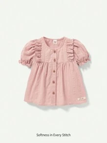 Cozy Pixies Baby Girls' Soft Round Neck Ruffle Trim Puff Sleeve Top - Pink - View 1