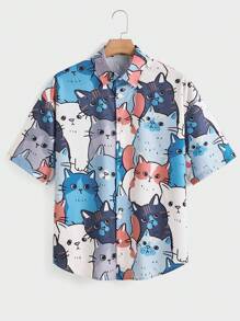 Manfinity RebelGame Nam Đồ họa Hoạt hình Áo sơ mi Oversized - Màu xanh lam - Xem 1