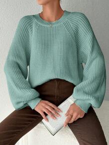 EURMUSE Plus Size Women's Round Neck Raglan Long Sleeve Sweater Pullover - Mint Green - View 4