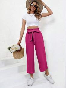 SHEIN Frenchy Mùa xuân/Mùa hè Giải trí Nếp gấp cao eo Quần Với Textured quần ống rộng Thiết kế - Màu Hồng Tươi - Xem 3