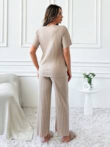 RueChic Slogan Printed Tshirt And Pant Lounge Set - Beige - View 2