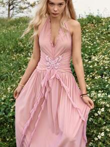 Bohemela Vacation Style Women's Butterfly Embroidered Halter Neck Backless Dress With Ruffled Hem - Mauve Purple - View 5