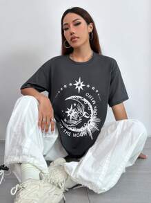Flirla Camiseta De Manga Corta Con Cuello Redondo Y Patrón De Estrellas Y Lunas, Perfecta Para Usar Durante El Verano