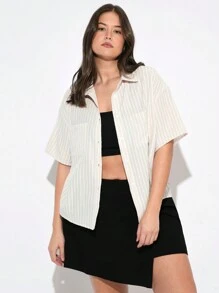 SHEIN BASICS Plus Size Women's Woven Striped Shirt With Collar For - Apricot - View 1