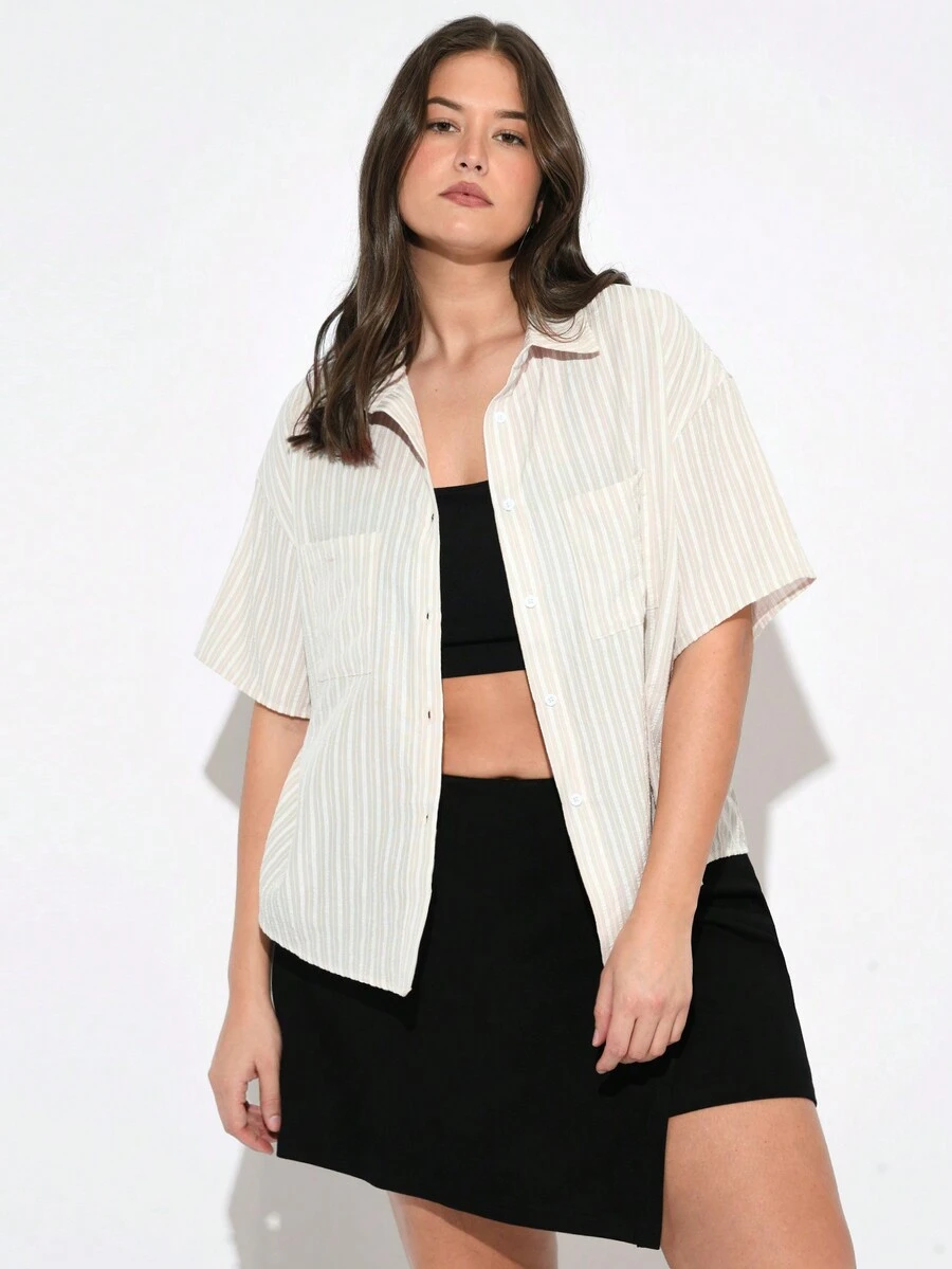 SHEIN BASICS Plus Size Women's Woven Striped Shirt With Collar For - Apricot - View 1