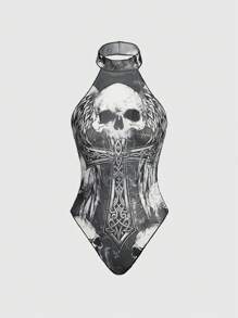 ROMWE Grunge Punk Dark Punk Skull & Mesh Print Halterneck Bodysuit - Black - View 2