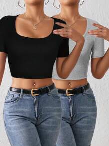 INAWLY Women's Solid Color Cropped Tee With Big Round Neckline - Multicolor - View 1