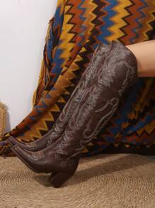 FVPFVP 秋冬季女士牛仔骑马西部风格过膝长靴，尖头高跟，粗跟，棕色刺绣，牛仔靴 - 咖啡棕 - 查看 6