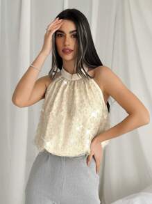 SHEIN Privé Sleeveless Shirt With Sparkling Embroidery Detail And Pleated Design - Apricot - View 4