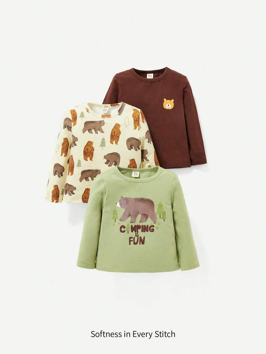 Cozy Pixies 男嬰3入組標語&動物印花T恤 - 棕色 - 查看 1