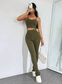 SHEIN EZwear Suéter Casual De Malha Com Costela 2 Peças/conjunto - Verde de Exercício - Ver 7
