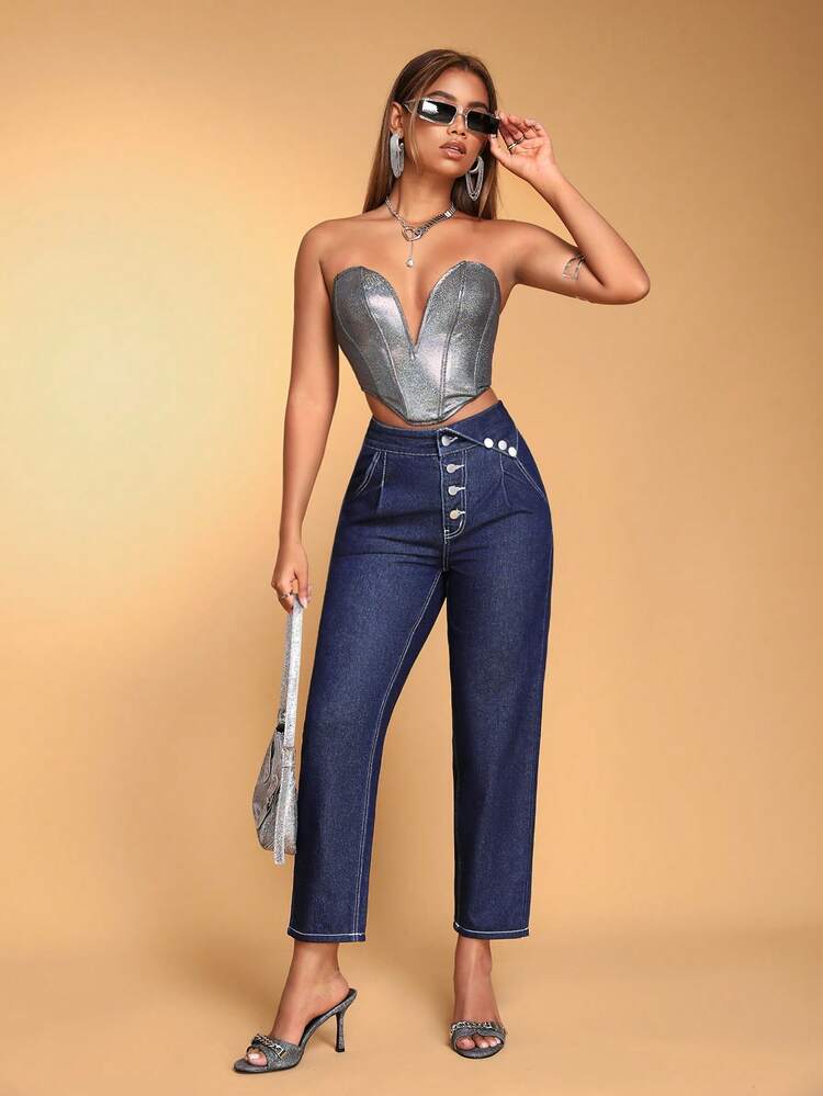 Single Button Fly Foldover Waist Denim Long Pants