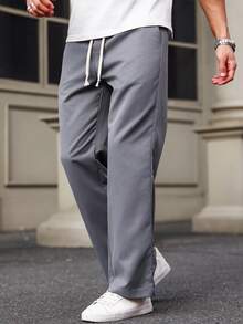 Manfinity Homme 純色束口腰口袋休閒褲 - 灰色 - 查看 6