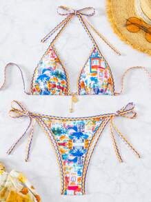Swim Vcay Abito bikini a stampa albero di palma con scollo all'americana e lacci per il collo per donne estivo mare vacanza