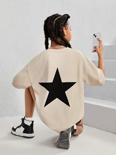 SHEIN Leap Crew 小少女夏季休閒織圓領短袖t卹,星星印花款式