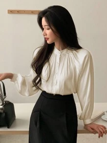 DAZY 女士2022春夏季休閒立領長袖襯衫 - 香檳色 - 查看 3
