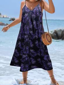 SHEIN Holidaya 大尺碼夏季假期植物印花細肩帶連衣裙 - 紫色 - 查看 3