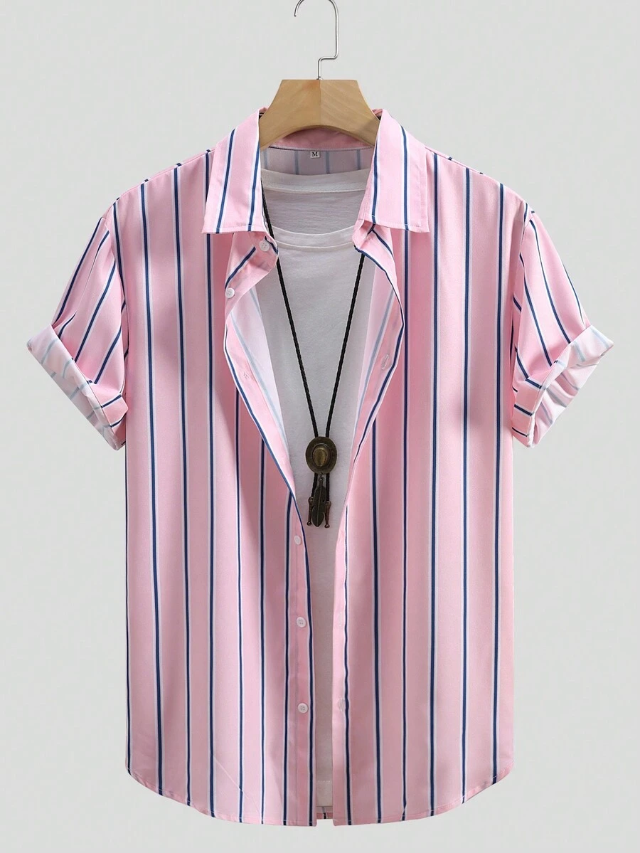 Men Fashionable Pink Short Sleeve Shirt - Pink - View 1