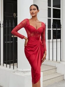 SHEIN Belle Sweetheart Collared Lace Patchwork Pleated Split Hem Dress - Burgundy - View 3