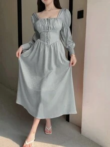 DAZY 女式春秋款方领褶饰腰带荷叶袖长裙 - 灰色 - 查看 3