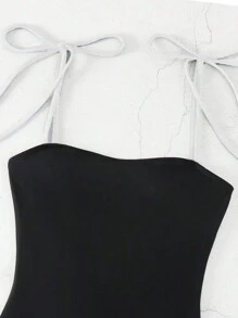 SHEIN Swim Đồ bơi một mảnh dành cho nữ có dây đeo trang trí phía sau và dây buộc để đi biển và đi nghỉ bên bờ biển - Đen và trắng - Xem 5