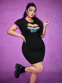 Nick 90s | SHEIN Plus Size Knit Bodycon Dress With Letter Print, Color Blocking Design - Black - View 5