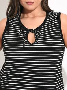 SHEIN BASICS Women's Plus Size Knitted Striped Round Neck Camisole Tank Top And Tank Top - Black and White - View 5