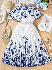 SHEIN Váy viền in & xếp ly cho bé gái Tween cho mùa Xuân/Hè - Màu xanh lam - Xem 1