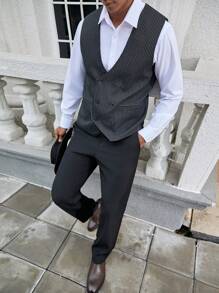 Manfinity Mode Herren Weste Mit Vertikalen Streifen Für Schlanken Schnitt Und Knöpfen Am Anzug - Schwarz - Übersicht 1