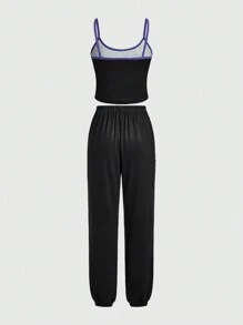 Beetlejuice | ROMWE Dark Gothic Horror Movie Patterned Cami Top & Pants Pajama Set, School - Black - View 2