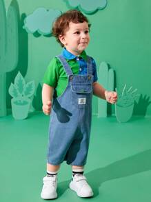 2 Piezas Vestido De Diario Primavera/verano Para Bebé Niño Que Incluye Camisa De Manga Corta Con Bloques De Color Minimalista Y Overoles De Mezclilla - Multicolor - Ver 4
