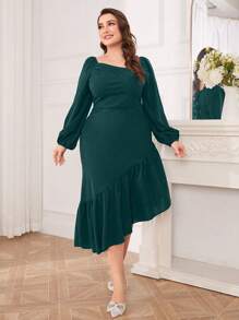 Modelyn Plus Size Spring/Summer Solid Color Lantern Sleeves Asymmetrical Hem Dress - Dark Green - View 3