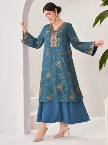 Al Najma Embroidery Patchwork Long Dress With Belt - Multicolor - View 7
