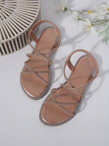 Nowości Damski Płaskie sandały Z Elastyczna taśma I Szklane kamienie ozdobne , Prosty I Modny - Szampan - Zobacz 6