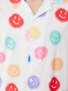 青少年男孩彩色面孔印花短袖鈕扣衫和短褲休閒2件套居家服套裝