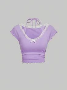 SHEIN MOD Women's Lace Spring Break Trim Halter Tie Neck T-Shirt - Purple - View 1