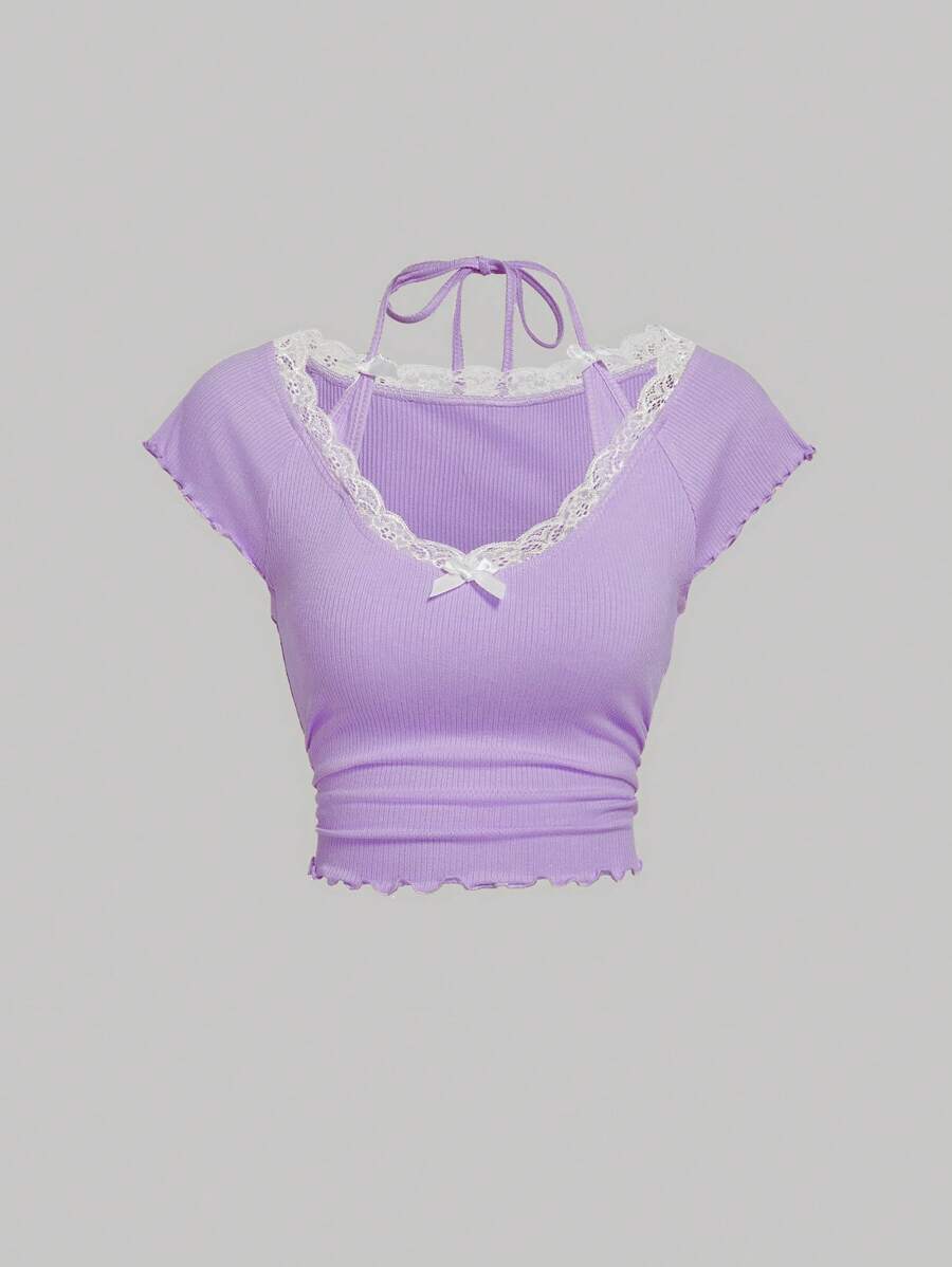 SHEIN MOD Women's Lace Spring Break Trim Halter Tie Neck T-Shirt - Purple - View 1