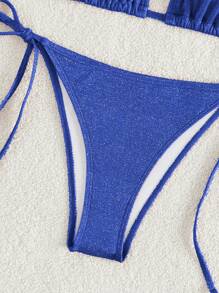 Swim Chiccia Summer Beach Women's Solid Color Simple Triangle Halter Neck Bra And Tie Side Bikini Set Bottom Two Pieces Bikini Set - Royal Blue - View 5