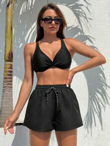 SHEIN Swim 女士純色黑色比基尼上衣,適用於夏季、沙灘、游泳 - 黑色 - 查看 4