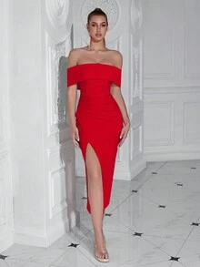 ADYCE 优雅单肩褶裥前开衩露背中长派对礼服，适合舞会、生日派对、晚宴、约会、返校节派对、婚礼宾客、鸡尾酒会、家庭聚会等场合。 - 紅色 - 查看 5