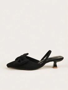 Black High Heeled Shoes With Bow Decoration And Back Strap For Women, Surface And Bow Pattern Random - Black - View 3