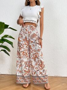 SHEIN VCAY Summer Vacation Style Ruffled Top With Tassel Hem And Floral Printed Wide Leg Pants - Multicolor - View 6
