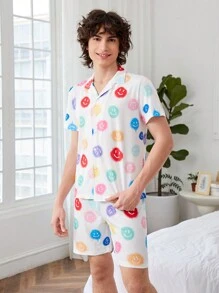 青少年男孩彩色面孔印花短袖鈕扣衫和短褲休閒2件套居家服套裝