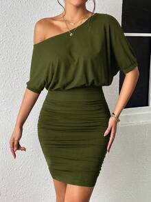 SHEIN Privé Mùa hè giản dị Không tay Bất đối xứng Đường viền cổ áo Váy bodycon - xanh quân đội - Xem 3