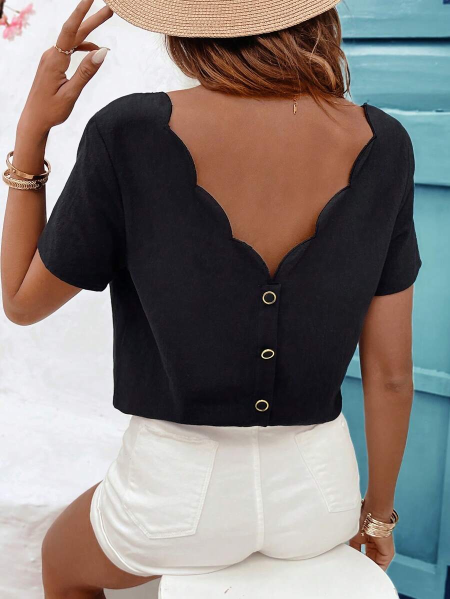 SHEIN Frenchy 100% Cotton Women's Summer Backless Shell Edge Blouse,Linen&Cotton Tops Black Casual - Black - View 1
