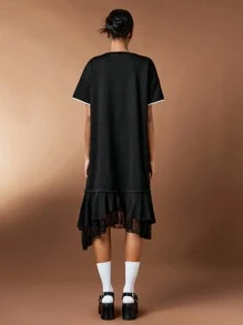Forever 21 Của phụ nữ Sọc Vòng cổ Ngắn tay Lỏng lẻo phù hợp Đầm Với Xù Hoa Sen Cho mùa hè - màu đen - Xem 2